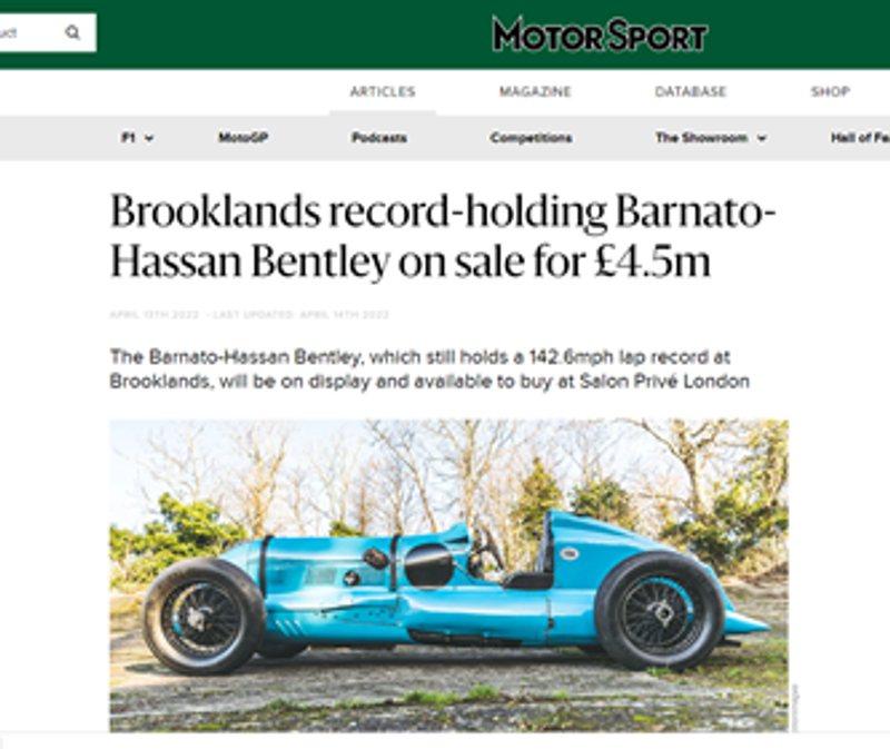 Brooklands record-holding Barnato-Hassan Bentley on sale for £4.5m